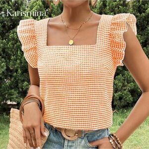 SHEIN Orange and White Flutter Sleeve Blouse